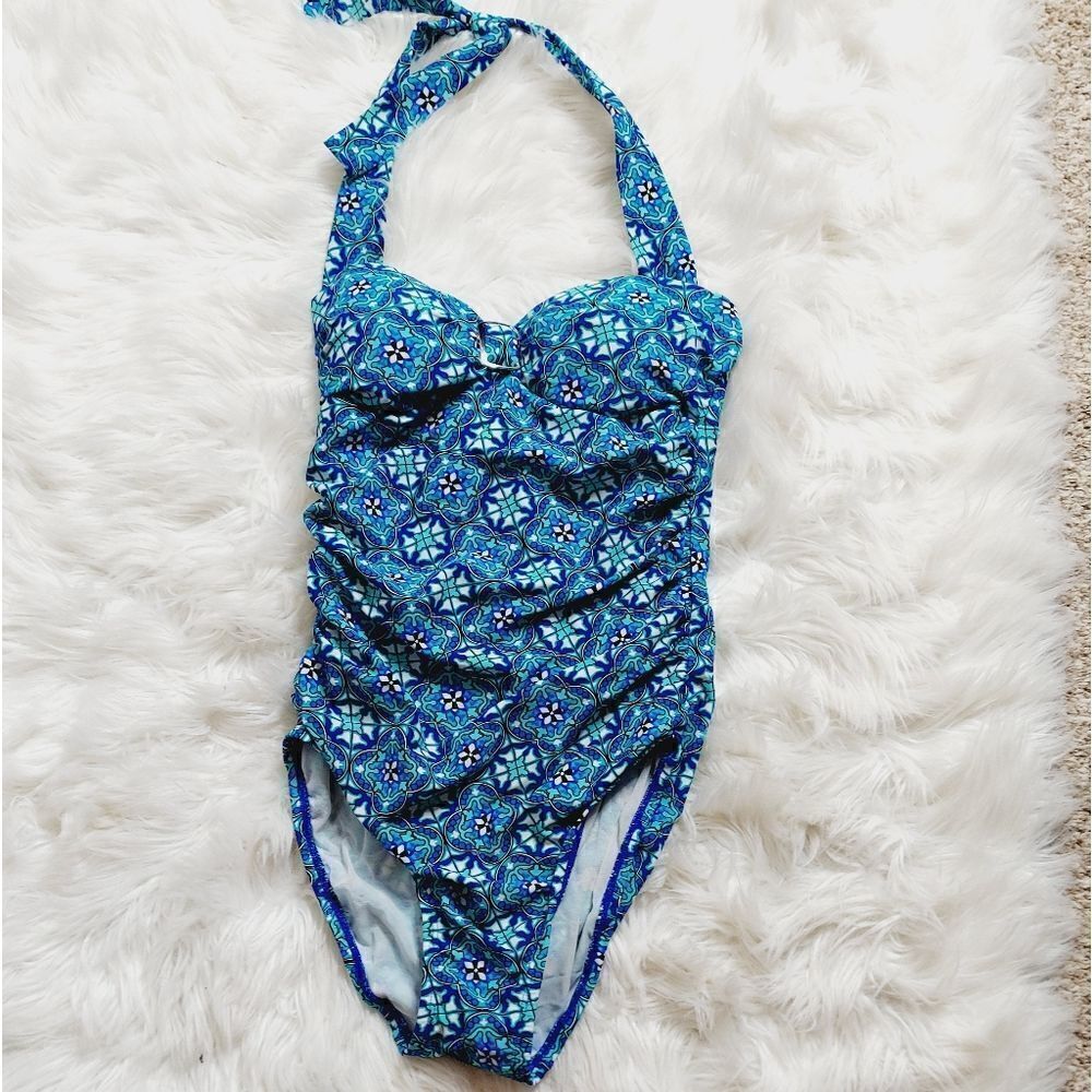 Assets by Spanx Blue Floral One-piece Halter swimsuit‎ SZ Sm